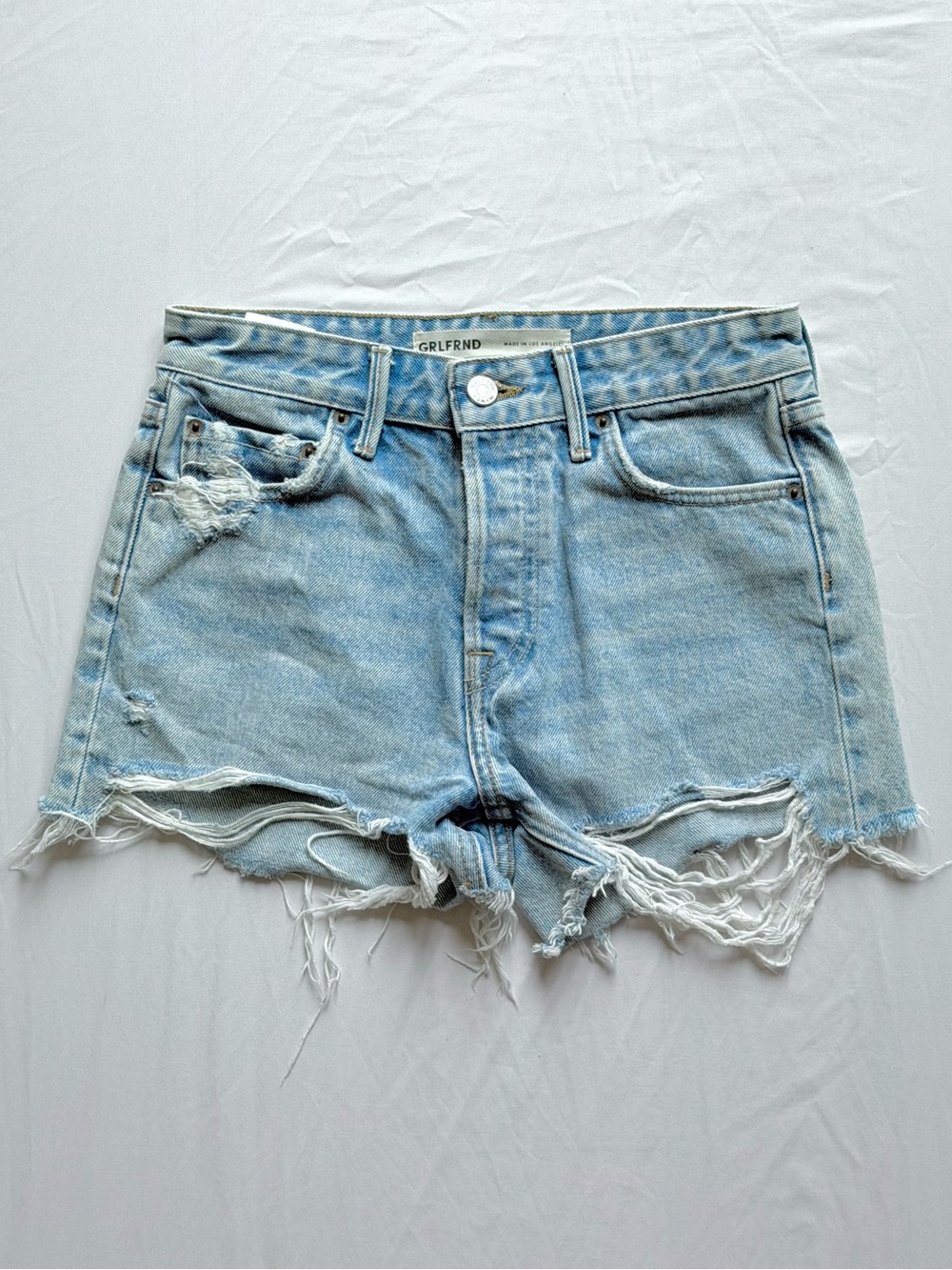 GRLFRND The Helena High Rise Cut Off Distressed Denim Shorts Light Wash Size 23